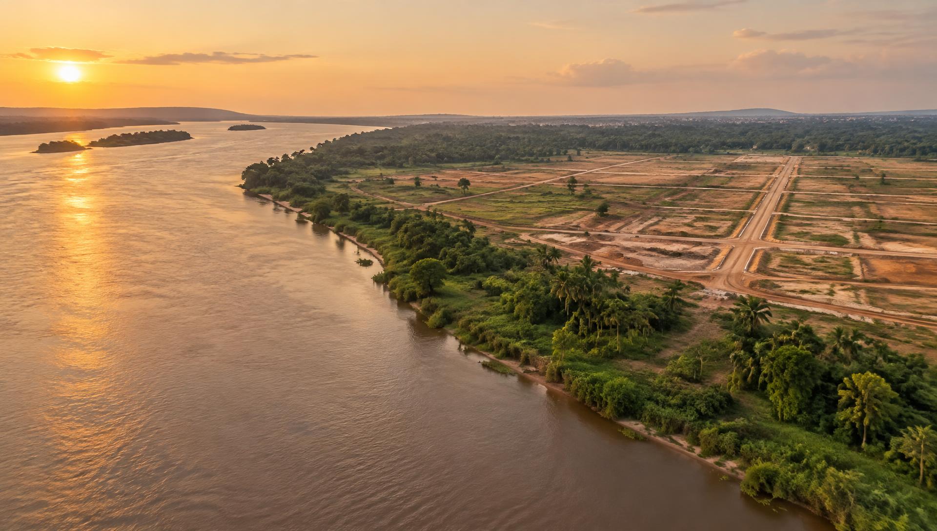 Aerial view of the Congo River at Maluku, Kinshasa, at sunset